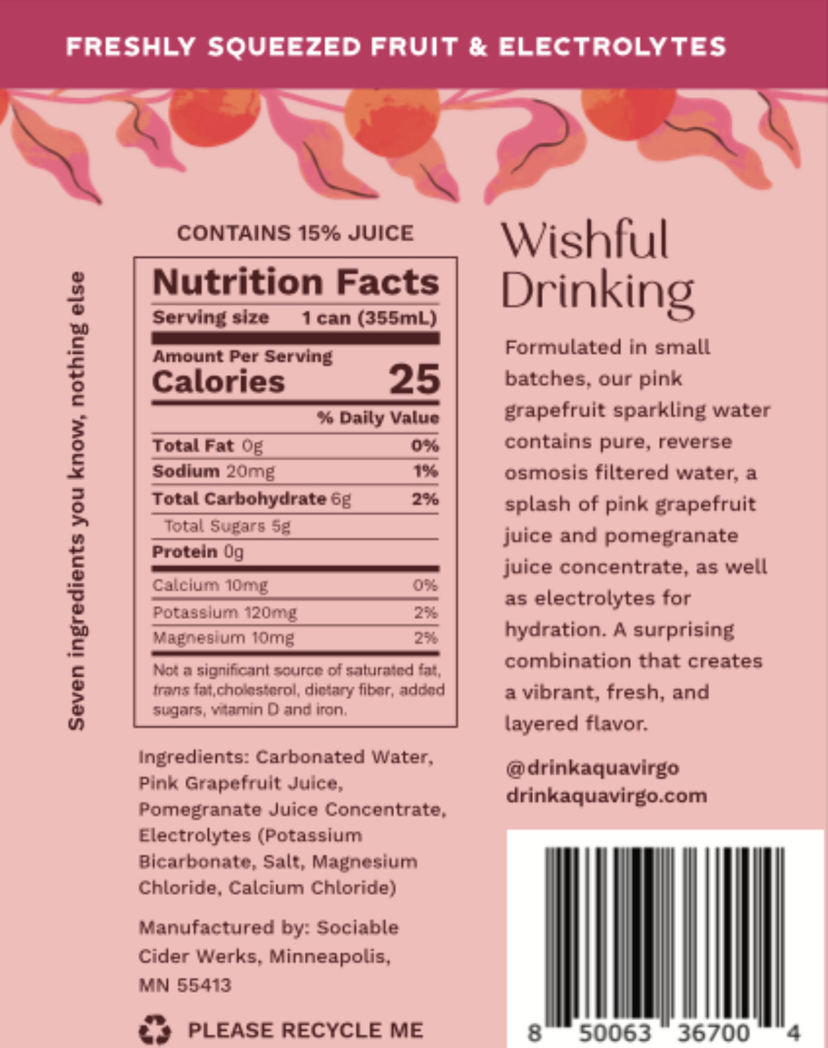 AquaVirgo Pink Grapefruit Sparkling Water Label with Ingredients and Nutrition Facts