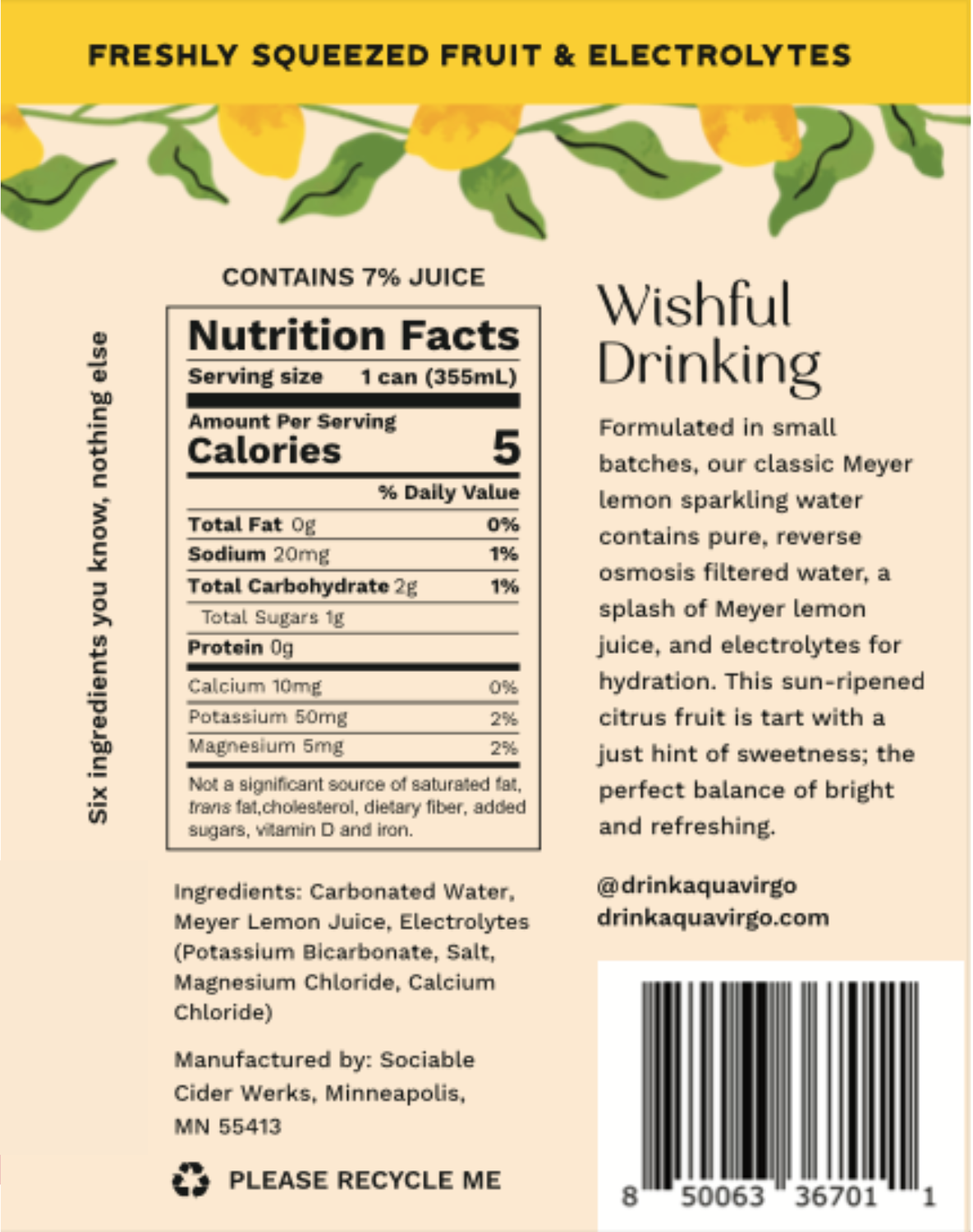 AquaVirgo Meyer Lemon Sparkling Water Label with Ingredients and Nutrition Facts