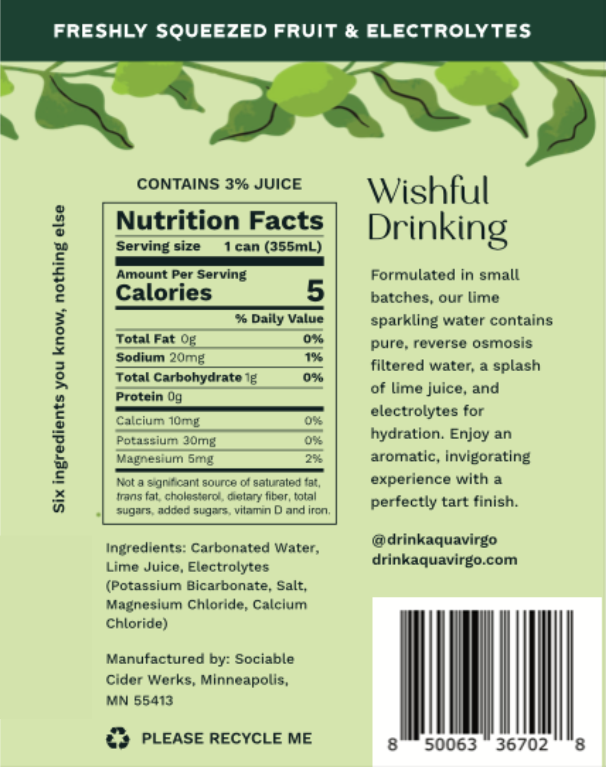 AquaVirgo Lime Sparkling Water Label with Ingredients and Nutrition Facts