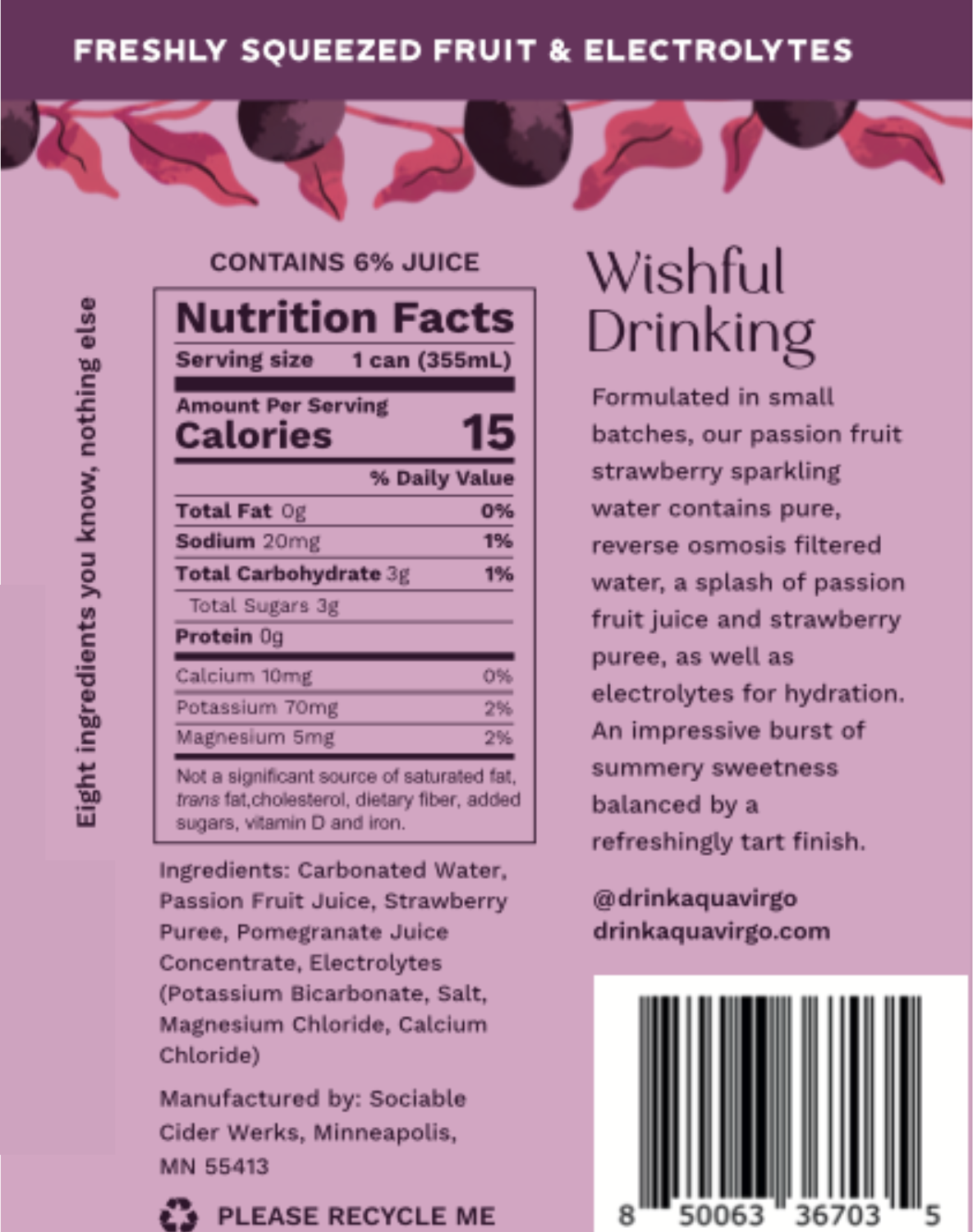 AquaVirgo Passion Fruit Strawberry Sparkling Water Label with Ingredients and Nutrition Facts